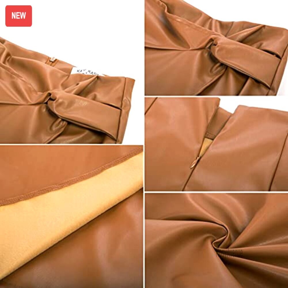 Faux Leather High Waist Wrap Midi Skirt, Stretchy PU, Business Casual Pencil - Picture 4 of 7